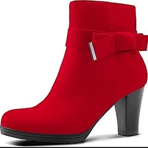 RED Faux Suede Chunky 3” Stacked Heel Ankle Booties Side Zip NEw in Box Size 5.5